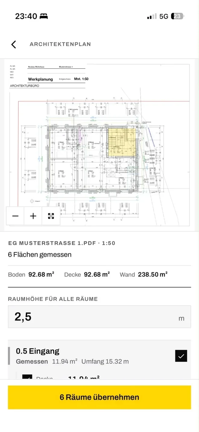 Ein Architektenplan im Massstab 1:50, daraus sechs gemessene Flächen und die Raumhöhe.