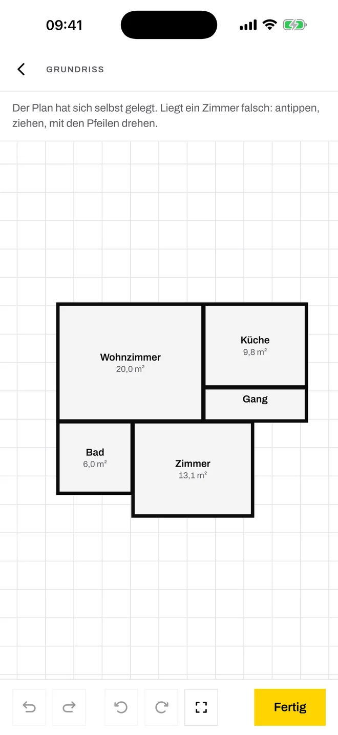 Ein ganzes Geschoss als Grundriss: Wohnzimmer, Küche, Gang, Bad und Zimmer, Raum an Raum gelegt, jedes mit seiner Fläche.