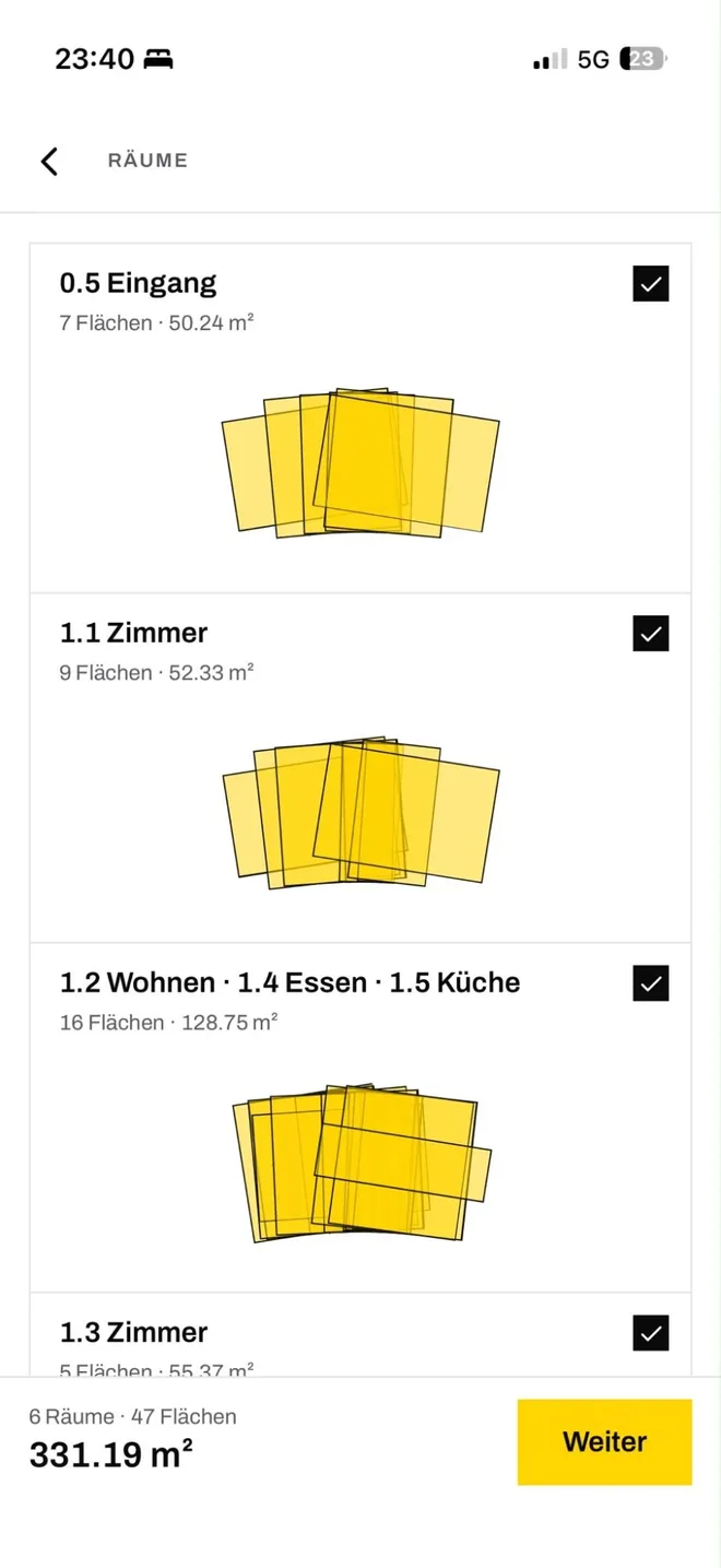 Acht Räume aus dem Plan, jeder abgehakt, zusammen 47 Flächen und 331,19 Quadratmeter.